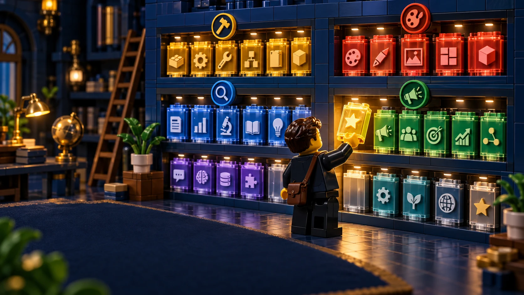 A LEGO-style builder selecting a recommended tool cartridge from a curated library of skills