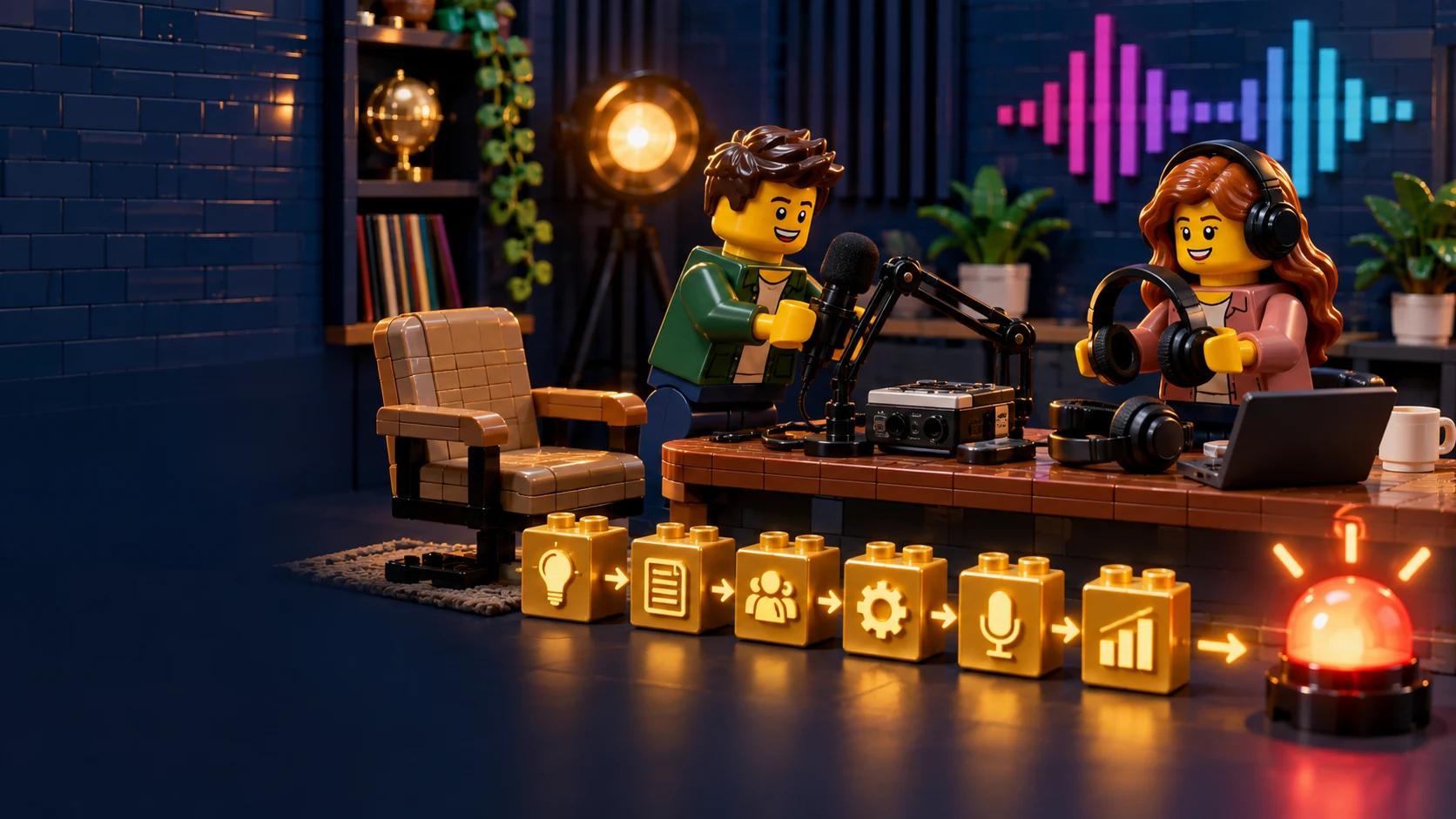 Two LEGO-style hosts assemble a podcast setup through six practical planning steps