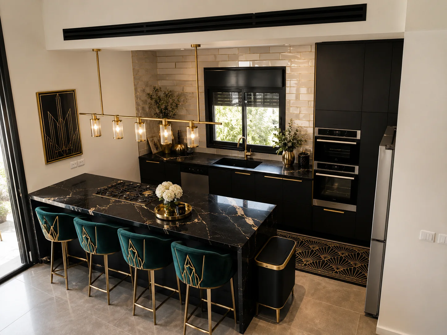 המטבח בעיצוב Art Deco Glam עם שיש שחור, פרטי זהב, ארונות כהים וכיסאות קטיפה ירוקים
