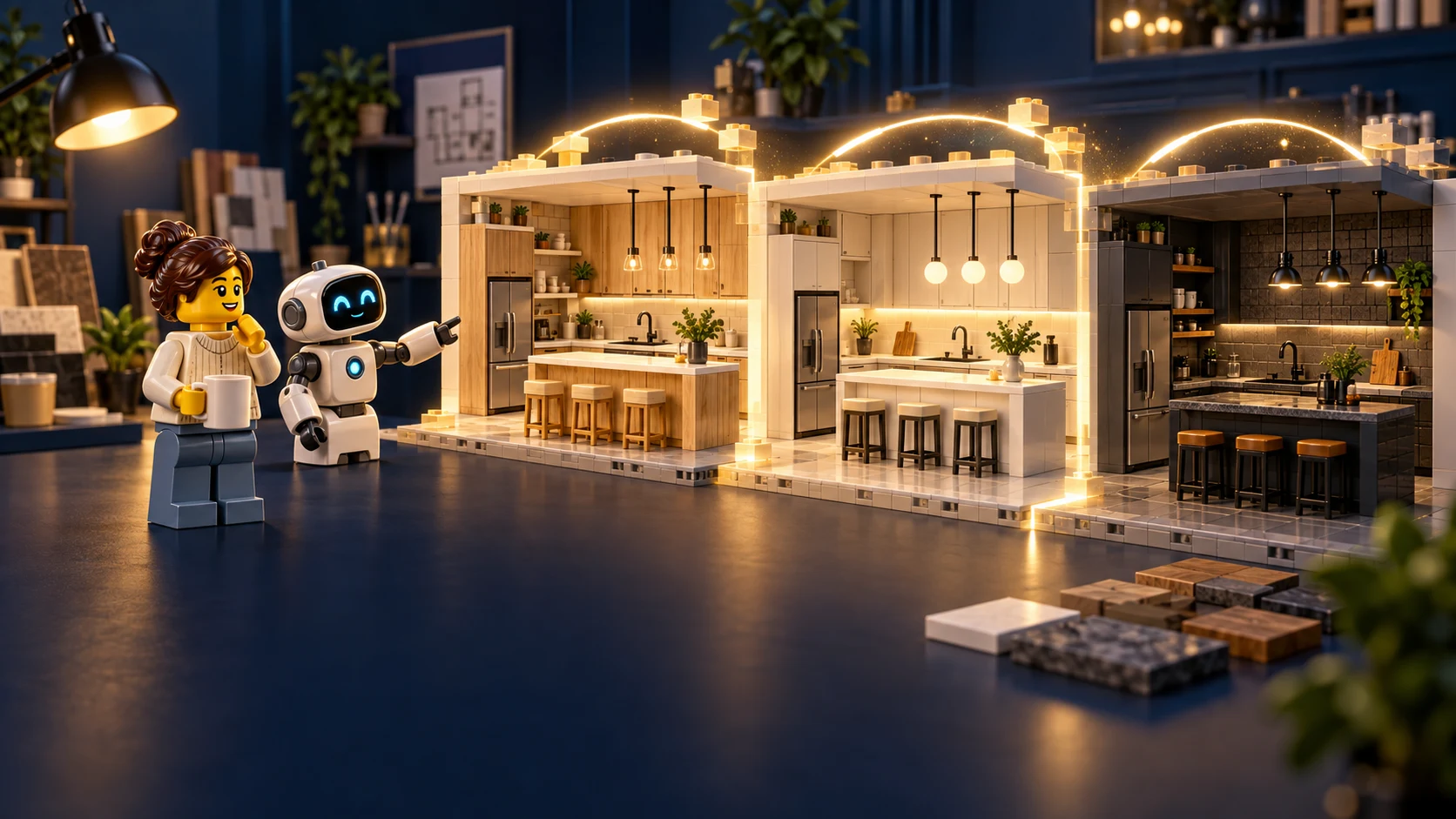 A homeowner and AI design robot compare three styles for the same modular kitchen