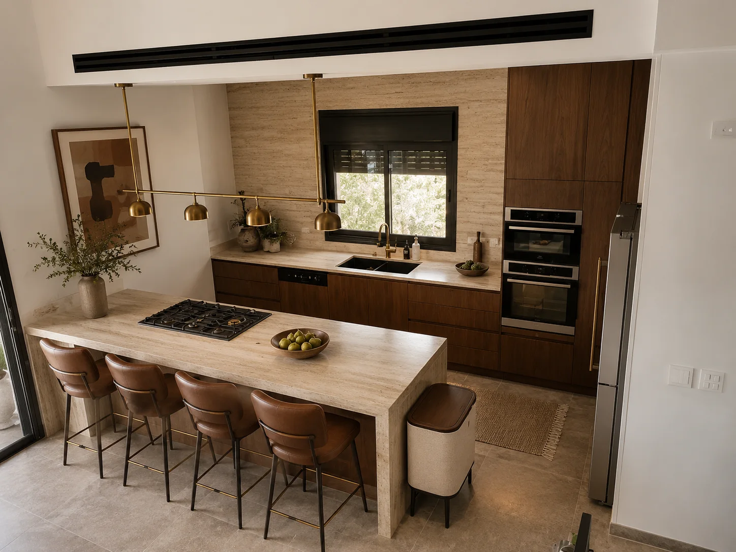 המטבח בעיצוב Mid-Century Modern עם ארונות אגוז כהים, משטחי טרוורטין, תאורת פליז וכיסאות עור חומים