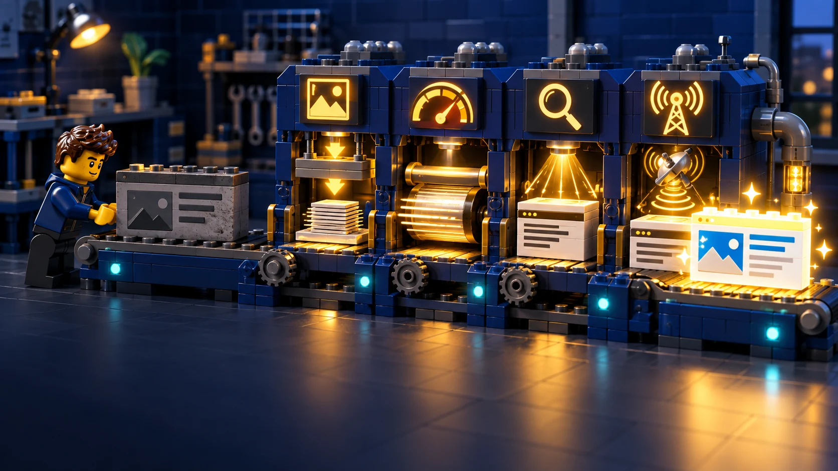 A LEGO-style developer runs a website through image, performance, search, and AI-discovery optimization stages