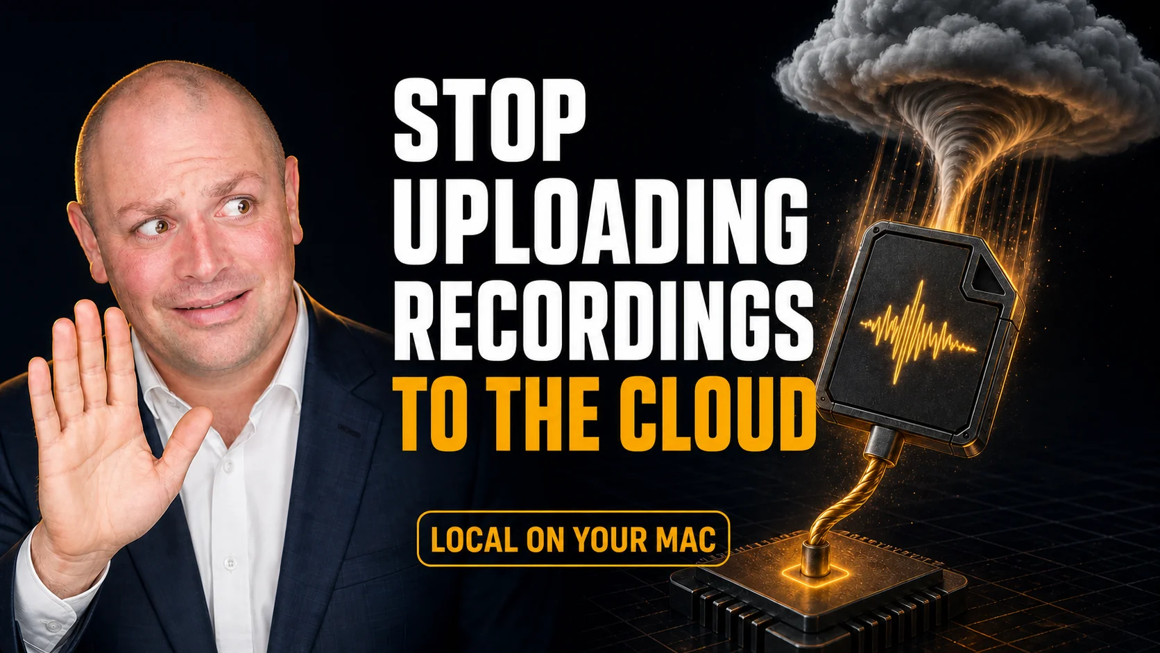 Shahar Polak holding up a hand to stop, beside a glowing audio file wired into a processor, with a storm cloud overhead