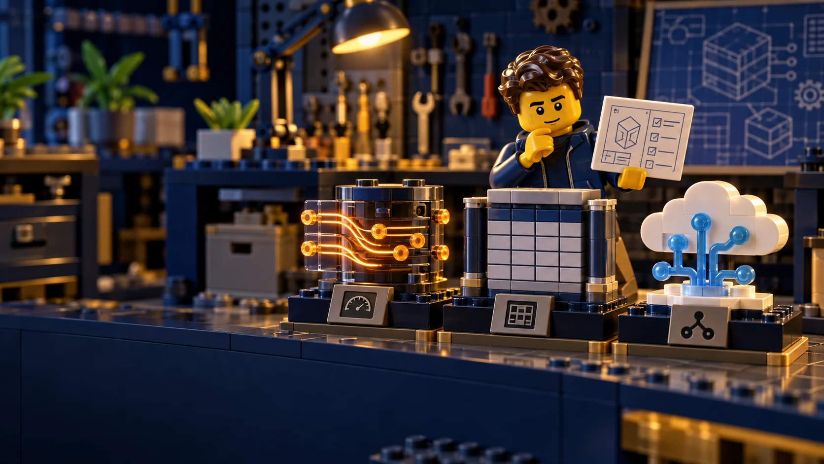 A LEGO-style developer compares three database architectures against a project requirements sheet