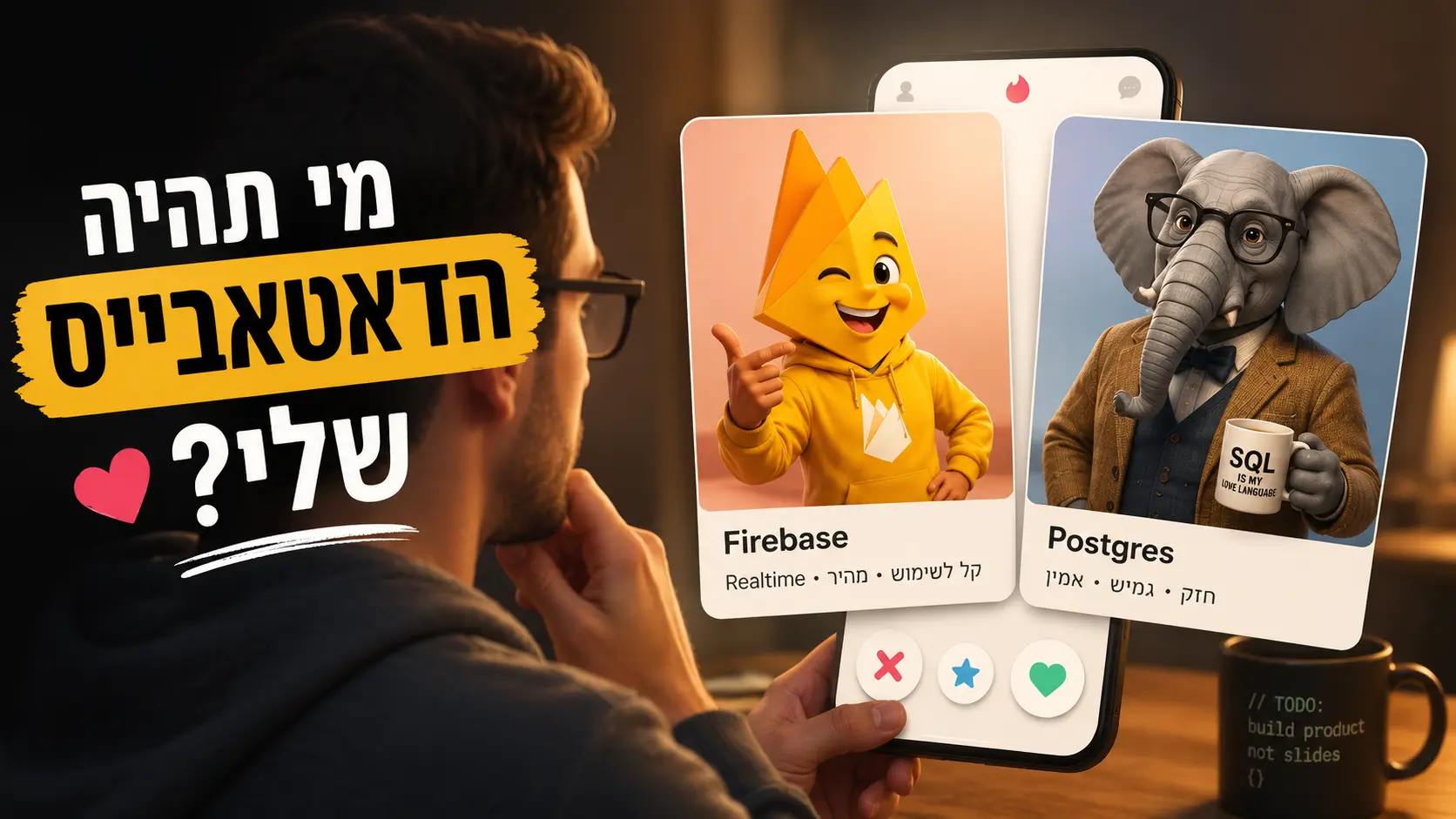 מפתח מסתכל על מסך טינדר עם Firebase ו-Postgres כפרופילים להתאמה