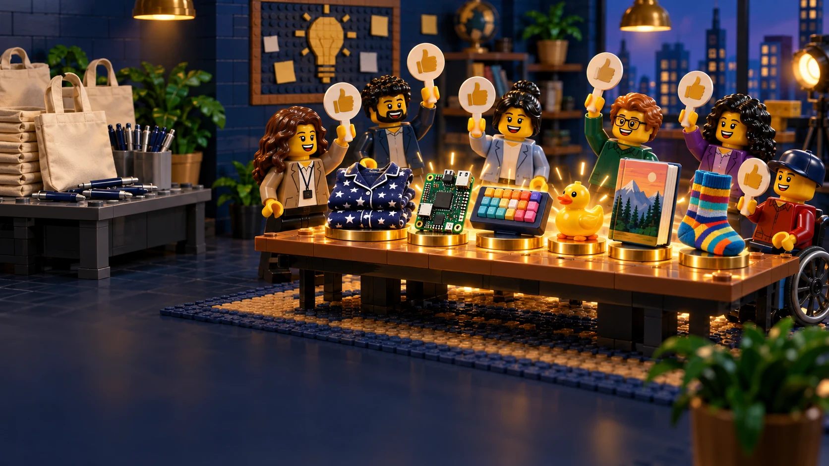 A LEGO-style event team votes for memorable useful swag instead of generic pens and tote bags